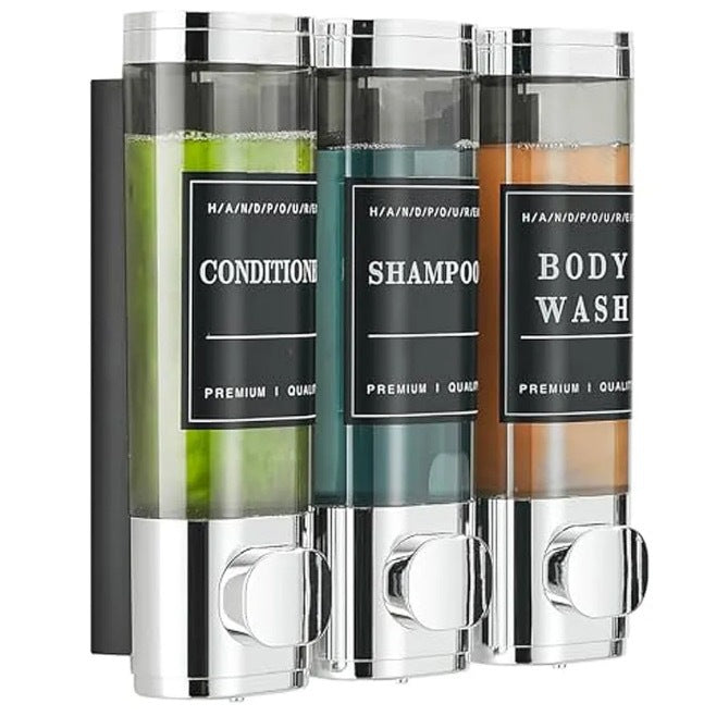 Wall-Mounted 3-Compartment Soap Dispenser – No-Drill Manual Shower Gel & Hand Soap Pump
