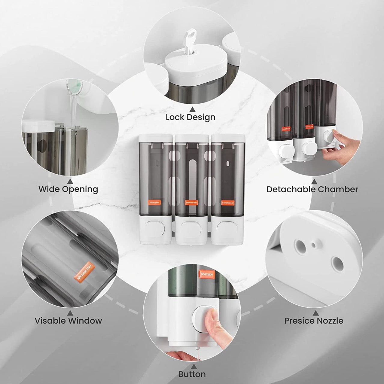 Wall-Mounted 3-Compartment Soap Dispenser – No-Drill Manual Shower Gel & Hand Soap Pump