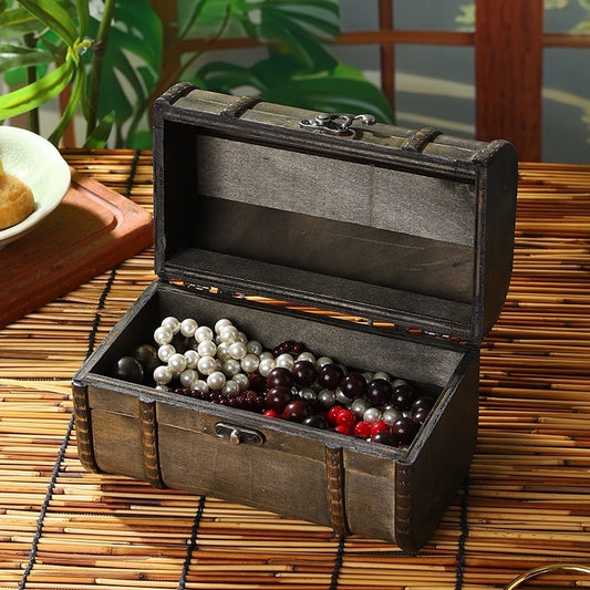 Vintage Rustic Treasure Chest – Wooden Storage Box for Jewelry & Desktop Essentials