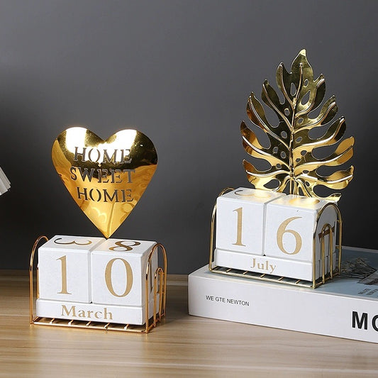 Wood & Metal Perpetual Desk Calendar, Modern European Style Decorative Calendar for Home & Office
