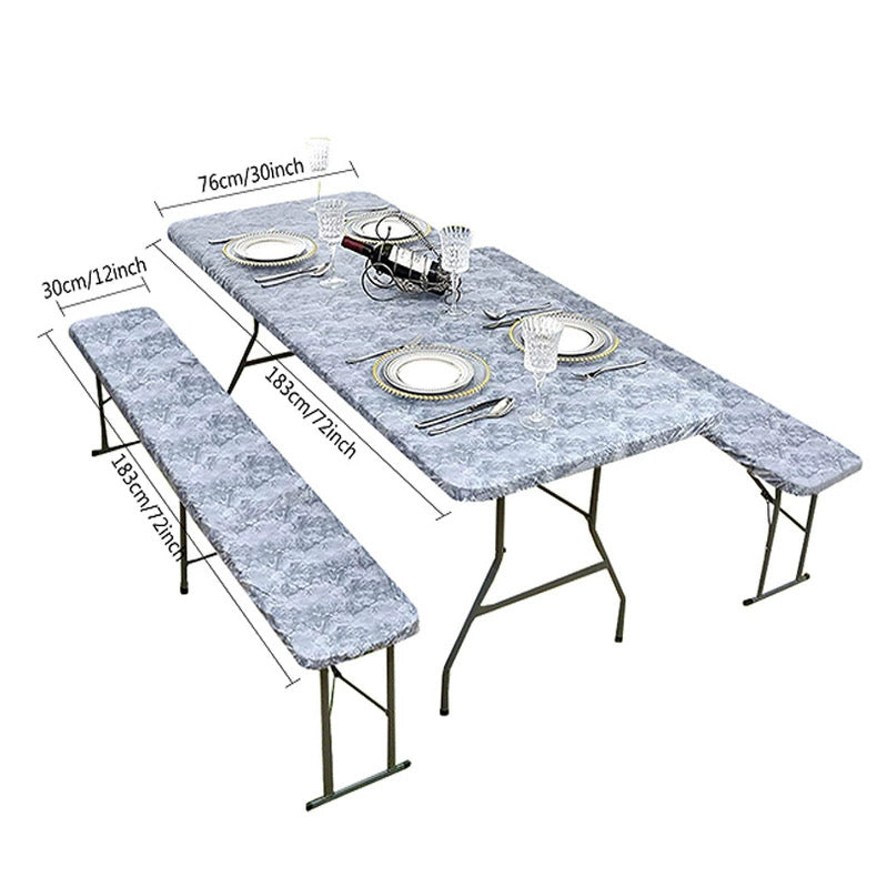 PVC Elastic Tablecloth Set, Waterproof & Oil-Proof Checkered Print, 3-Piece Outdoor Set